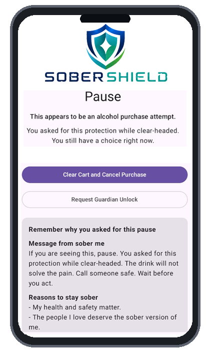 SoberShield pause screen on Android phone
