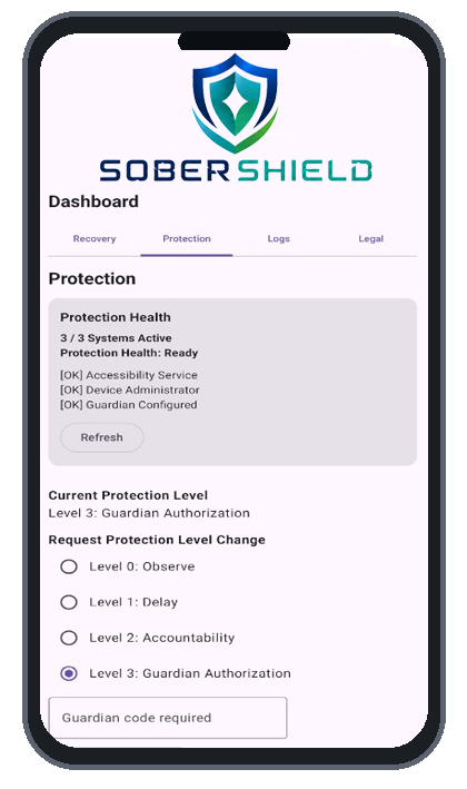 SoberShield protection settings screen